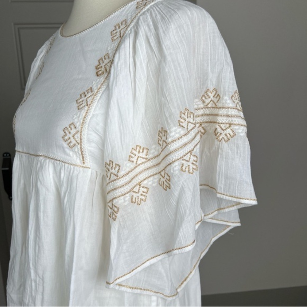 Vanessa Bruno Nael Blouse Gold Embroidered Flutter Slv Boho Babydoll Top Sz S - Picture 8 of 11